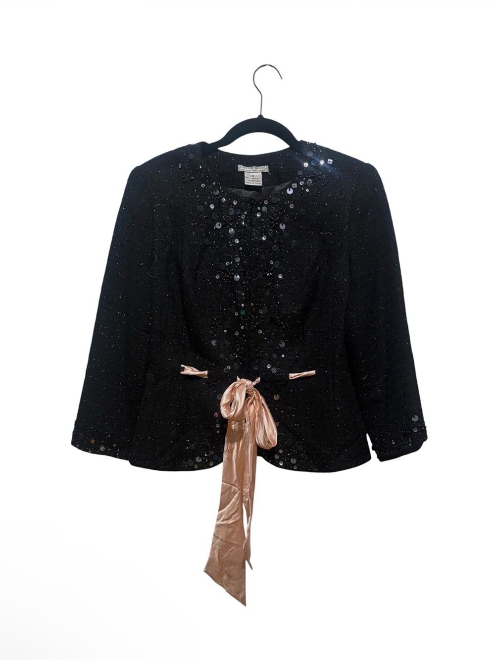 Alberto Makali Black Sequin Jacket with Blush Satin Tie